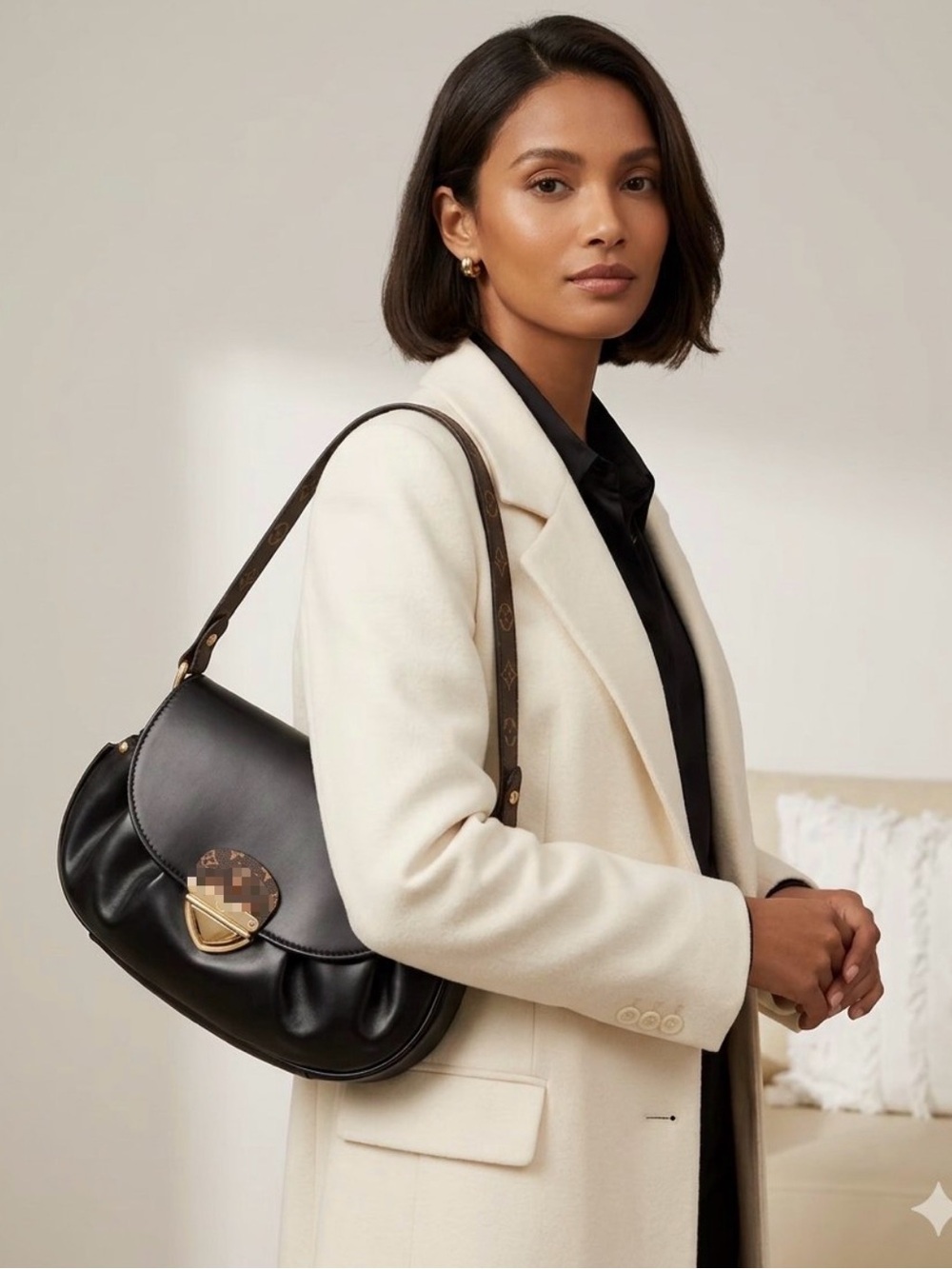Black Shoulder Bag with Monogram Accent